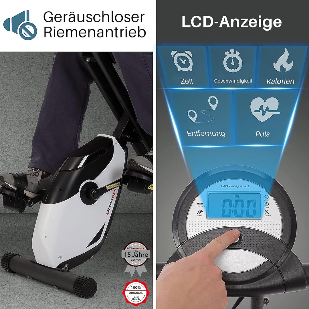 Ultrasport F-Bike, Fahrradtrainer, Heimtrainer, faltbares Fitnessfahrrad, integrierter Trainingscomp