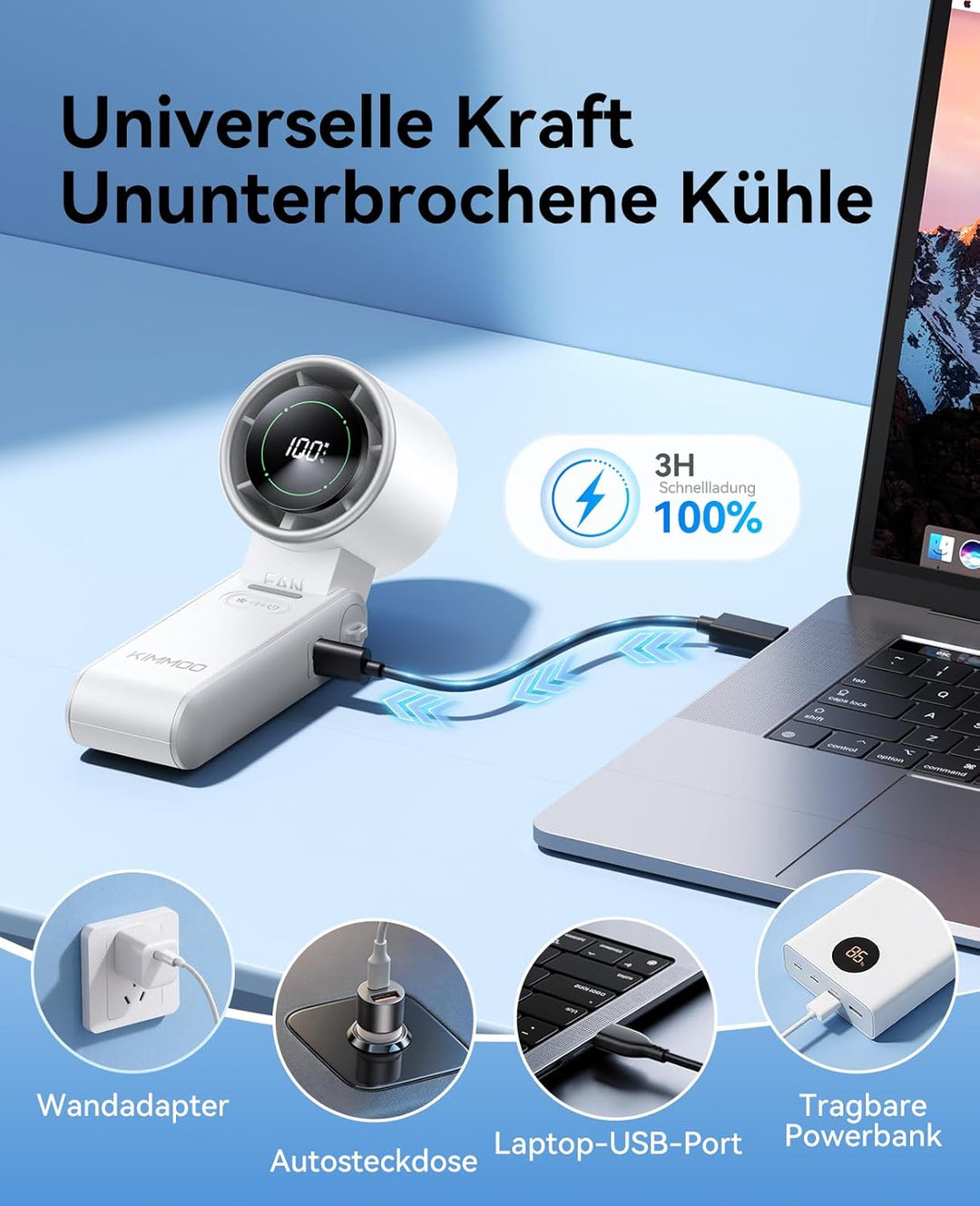 KIMMOO 3-in-1 Turbo-Handventilator – 100 Geschwindigkeiten, 20000 U/min, 12 Std. Kühlung, Digitaldis