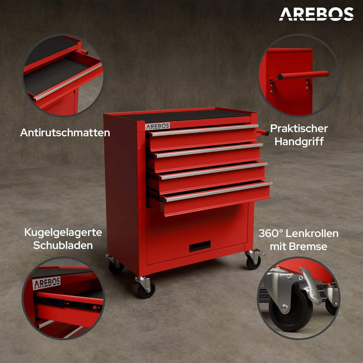 Arebos Werkstattwagen 4 Fächer + grosses Fach für Werkzeug | inkl. Antirutschmatten |kugelgelagerte