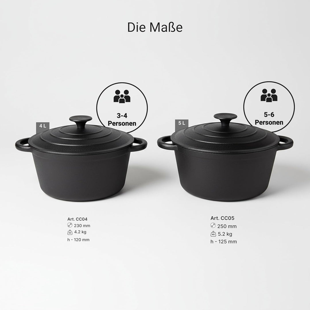 BIOL Gusseisen Topf mit Deckel Ø 25 cm 5L für Küche Backen Schmoren Braten Antihaftwirkung, für alle