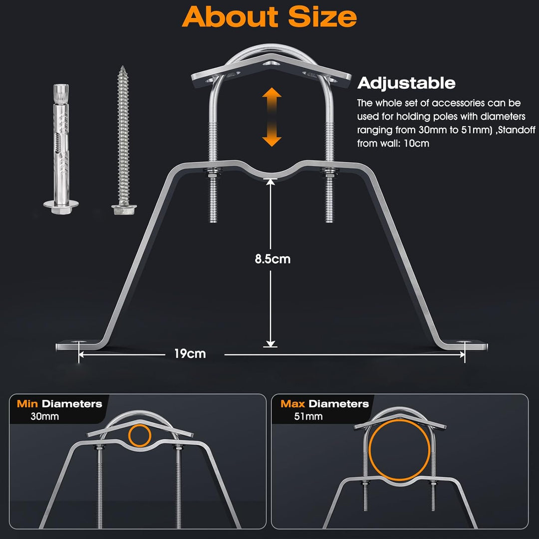 SS304 Wall Spacer/Mast Holder Pair HQ 10cm - Pole up to 50mm for Satellite Bowl/ Antenna/Parasol/Sun