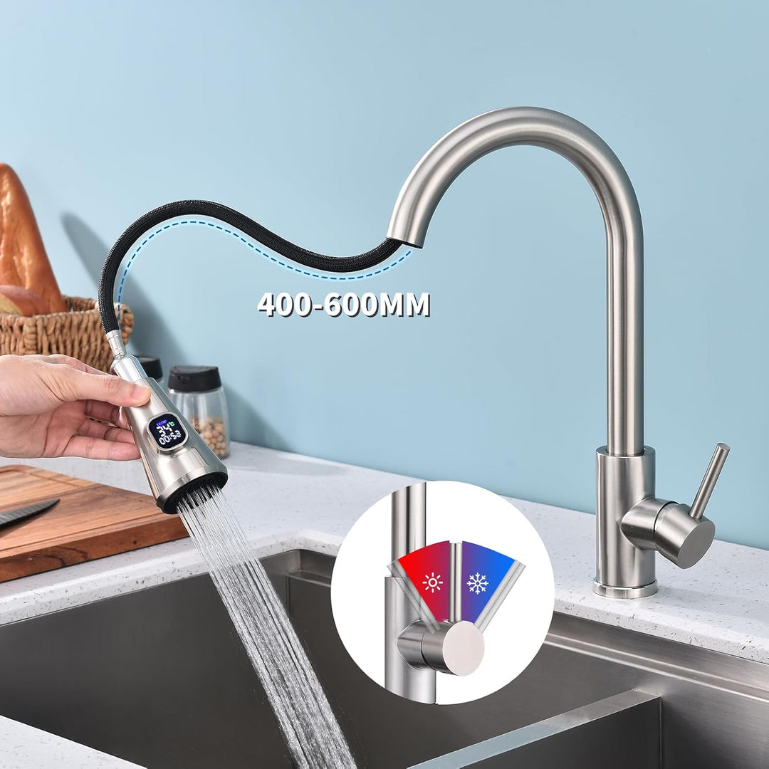 HOMELODY Wasserhahn Küche mit LED-Temperaturanzeige, Ausziehbare Hochdruck Küchenarmatur 360° drehba