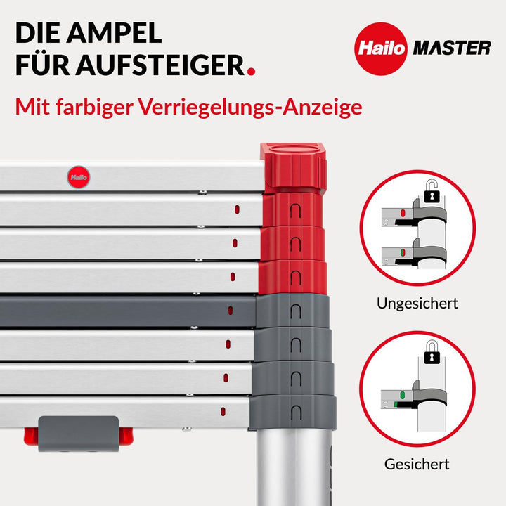 Hailo T100 FlexLine Sicherheits-Teleskopleiter - ausziehbare Leiter aus Aluminium mit bis zu 11 Stuf