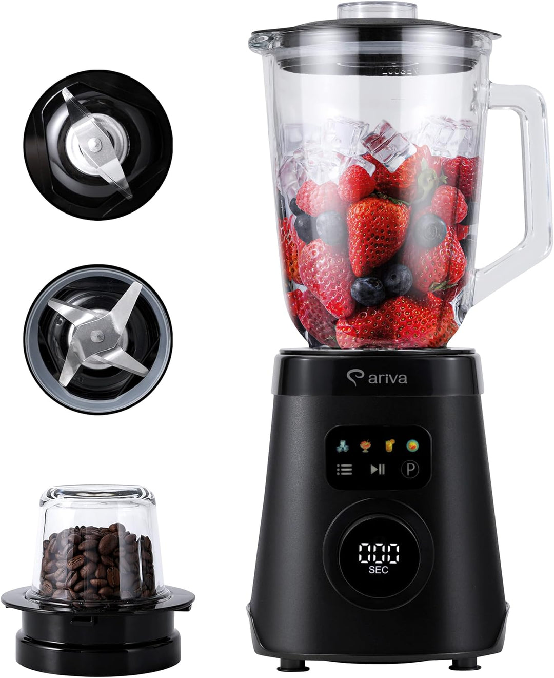 ARIVA Standmixer 1000W mit 1,5L Glasbehälter & Kaffeemühle, Smoothie Maker & Ice Crusher mit LED-Tou