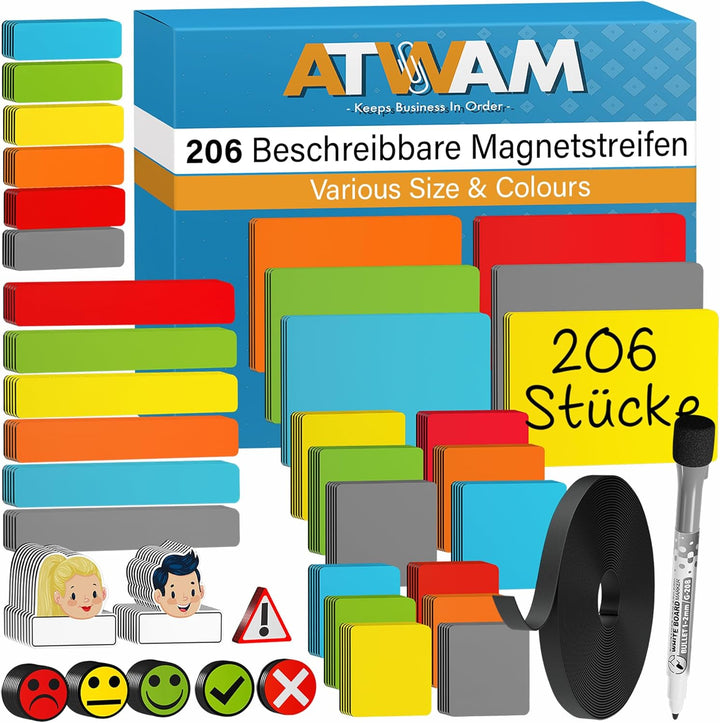ATWAM 206 Magnetstreifen Beschreibbar Mega Set - Verschiedene Grössen - 6 Farben - Scrum & Kanban -