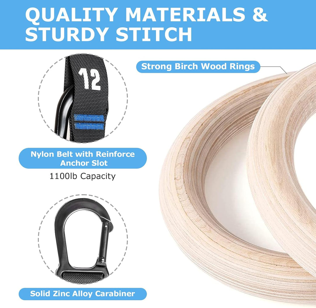 Zingtto Wooden Gymnastics Rings with Adjustable Numbered Straps Olympic Rings, 1.25'' or 1.1" Gym Ri