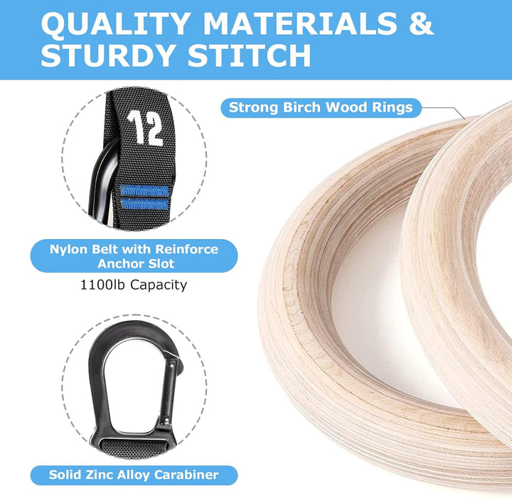 Zingtto Wooden Gymnastics Rings with Adjustable Numbered Straps Olympic Rings, 1.25'' or 1.1" Gym Ri