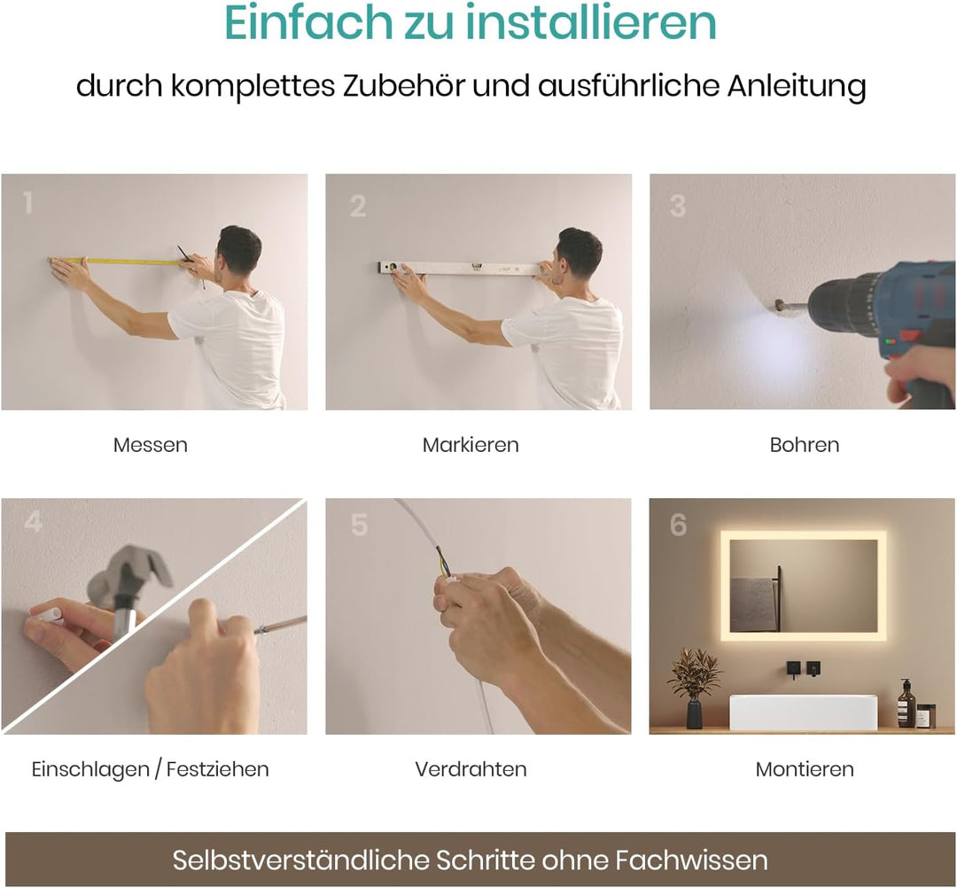 EMKE Badspiegel mit Beleuchtung 40x60cm, Badezimmerspiegel mit Warmweiss Licht 3000K, Wandschalter,