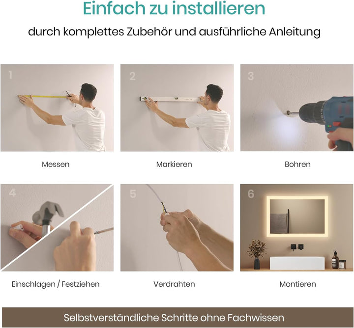 EMKE Badspiegel mit Beleuchtung 40x60cm, Badezimmerspiegel mit Warmweiss Licht 3000K, Wandschalter,