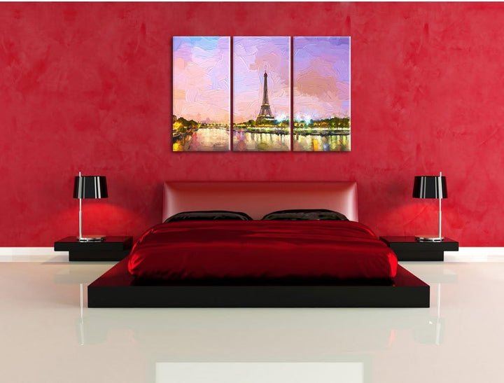 Pixxprint Eifelturm Paris bei Nacht als Leinwandbild/Grösse: 3 Teilig (120x80) cm/Wandbild/Kunstdruc
