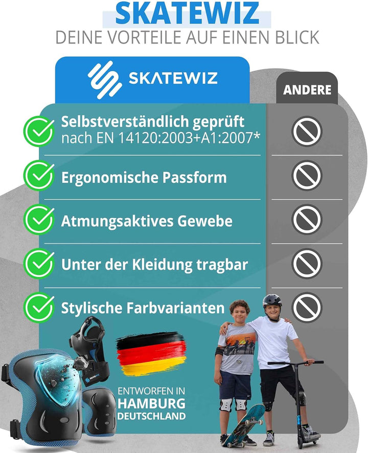SKATEWIZ Skate Protektoren Set - Für Kinder, Jugendliche und Erwachsene von Deutschem Hersteller [6e