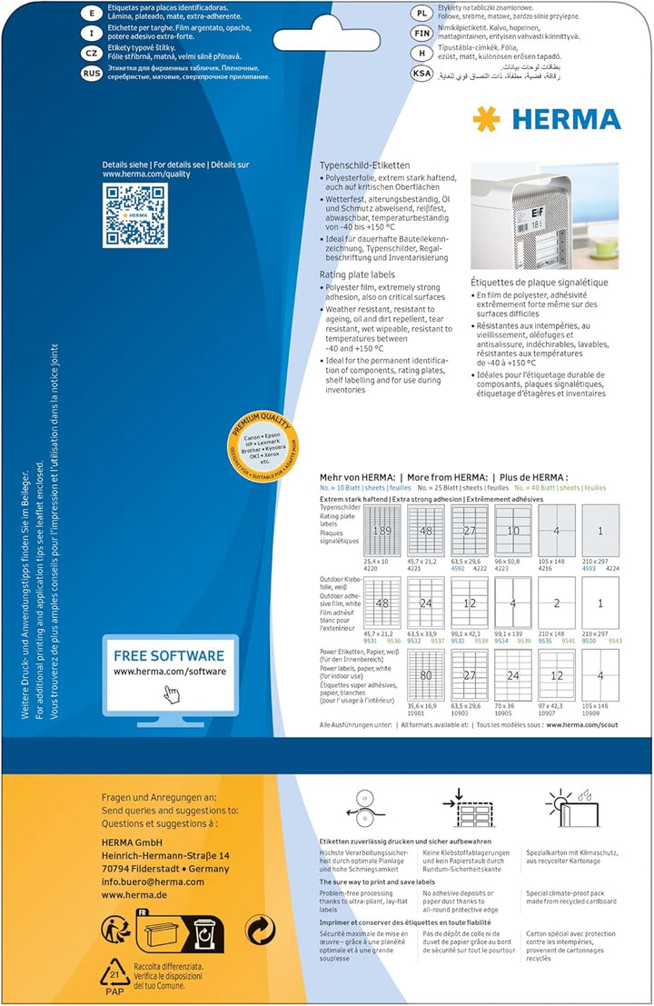 HERMA 4221 Typenschild Folien-Etiketten silber, 25 Blatt, 45,7 x 21,2 mm, 48 Stück pro A4 Bogen, 120
