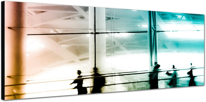 Paul Sinus Art Panoramabild auf Leinwand und Keilrahmen 150x50cm Stadt Gebäude modern Menschen abstr