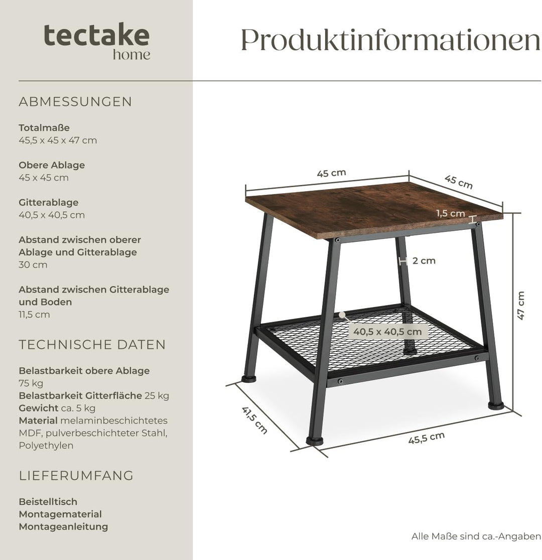 tectake Beistelltisch aus Holz und Metall, Nachttisch mit Gitterablage im unteren Bereich, Industrie