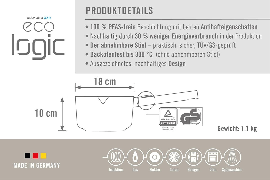 Woll Eco Logic QXR Stieltopf - Induktiv -, Ø 18 cm, 10 cm hoch, 2.0 Liter, mit abnehmbarem Stiel - G