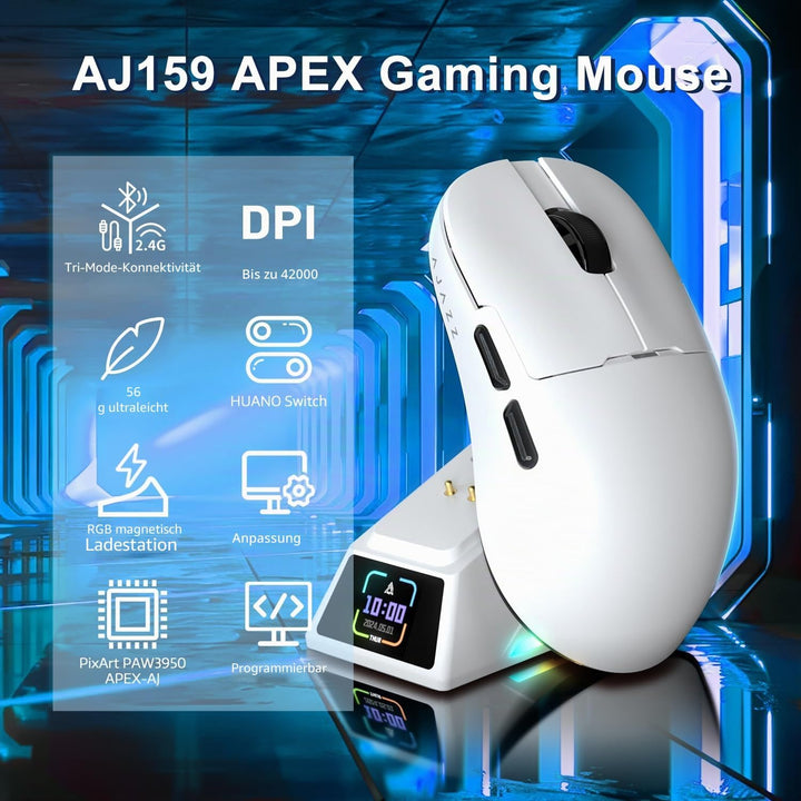 AJAZZ AJ159 APEX 8K Kabellose Gaming-Maus, Magnetische Ladestation mit Screen, Pixart PAW3950 Sensor