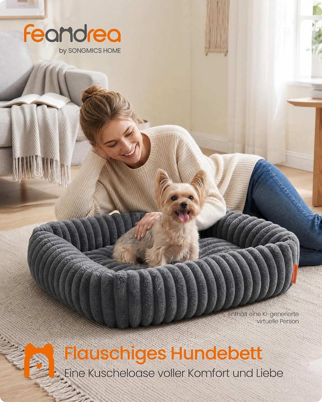 Feandrea Hundebett, mittelgrosses orthopädisches Hundekörbchen, Hundekissen waschbar, Flauschige Hun