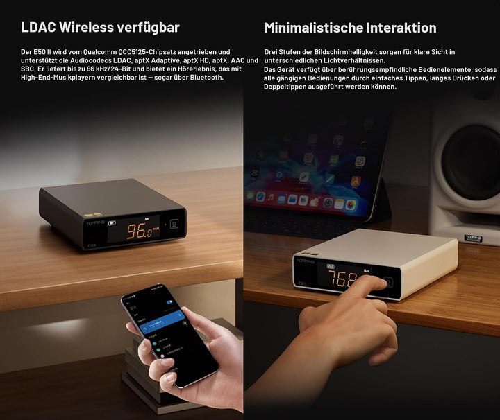 Topping E50 II Mini-HiFi-DAC AK4497S DSD512 PCM768kHz USB-DAC USB-C/Koax/Opt/BT-Eingänge RCA/TRS-Aus