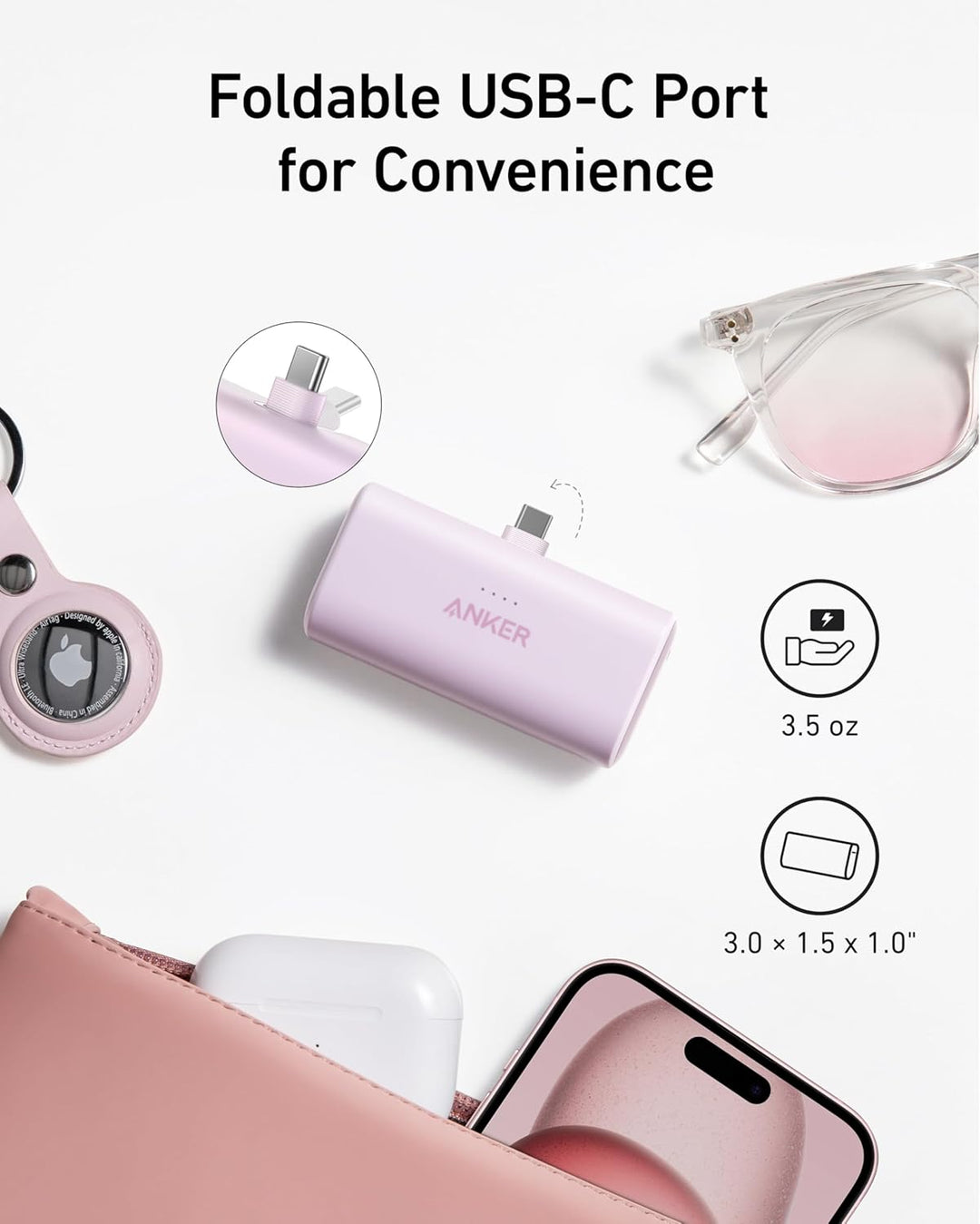 Anker Nano Powerbank, 5000mAh Powerbank 22,5W, Integrierter Faltbarer USB-C Konnektor, Kompatibel mi