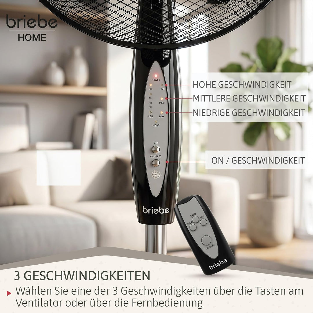 briebe Standventilator mit Fernbedienung, 40 cm, Leise, Timer, Oszillierend, 3 Betriebsmodi, 3 Gesch