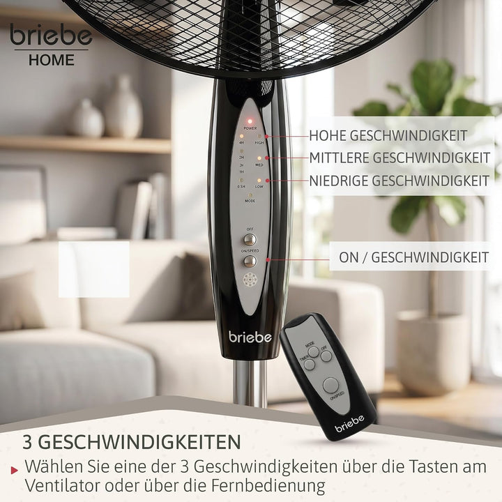 briebe Standventilator mit Fernbedienung, 40 cm, Leise, Timer, Oszillierend, 3 Betriebsmodi, 3 Gesch