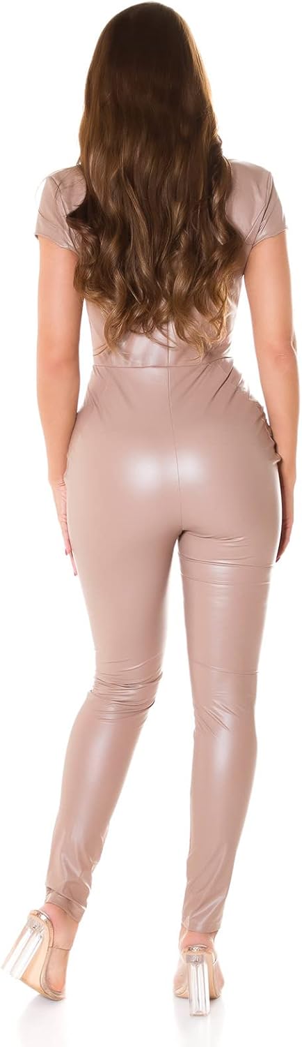 Koucla Glossy Kurzarm Turtle Neck Maxi Jumpsuit mit Zipper-V-Neck XS Cappuccino, XS Cappuccino