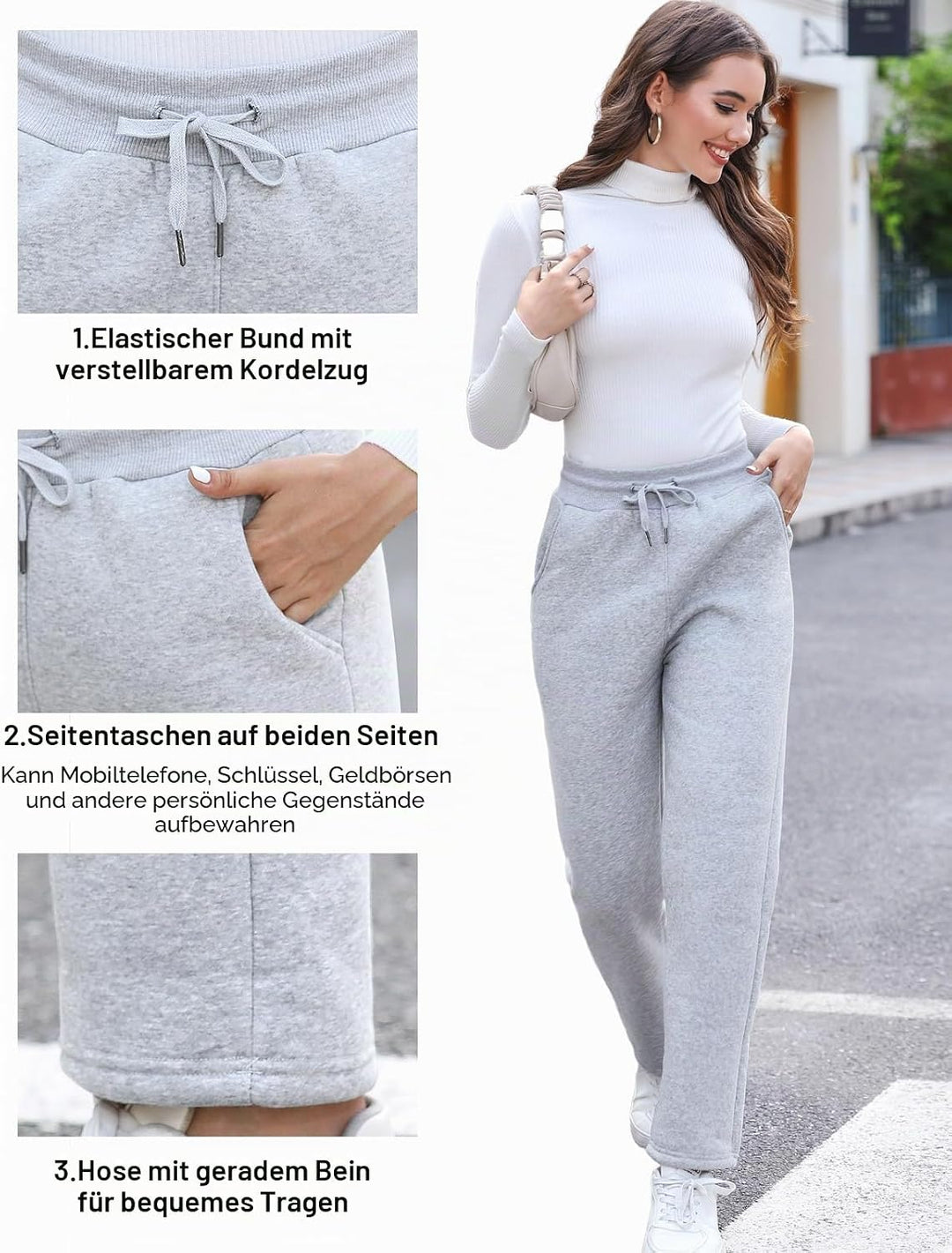 Gefütterte Jogginghose Damen Warm Fleece Freizeithose Winter Thermo Fleecehose High Waist Sweathose