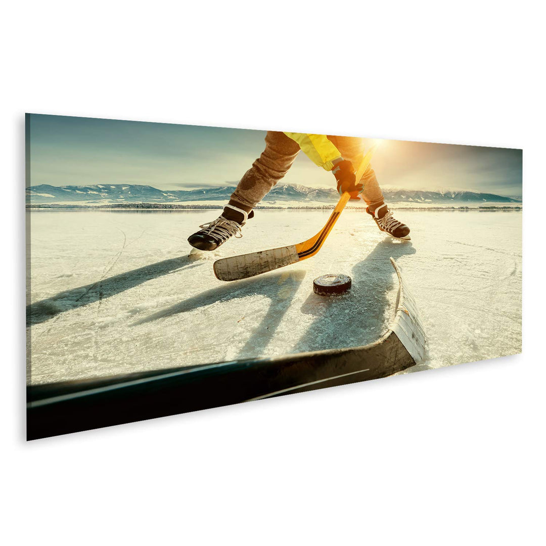 islandburner Bild auf Leinwand Eishockey Spiel Moment Gefrorener See Bilder Wandbilder Poster Leinwa