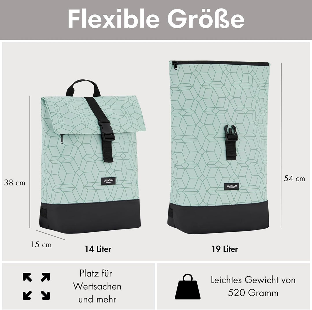 LARKSON Rucksack Damen &amp; Herren Grün - Tammo - Rolltop Daypack für Arbeit Uni Fahrrad - Backpack mit