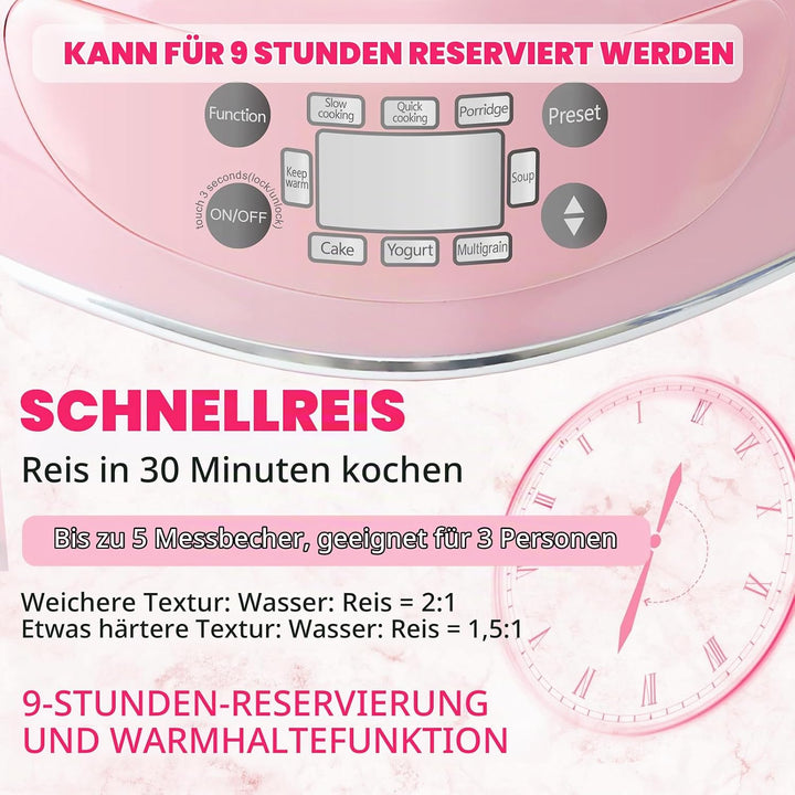 Pfirsichförmiger Reiskocher, 6-in-1-Reiskocher in Rosa, smarter, niedlicher Reiskocher mit Antihaftb