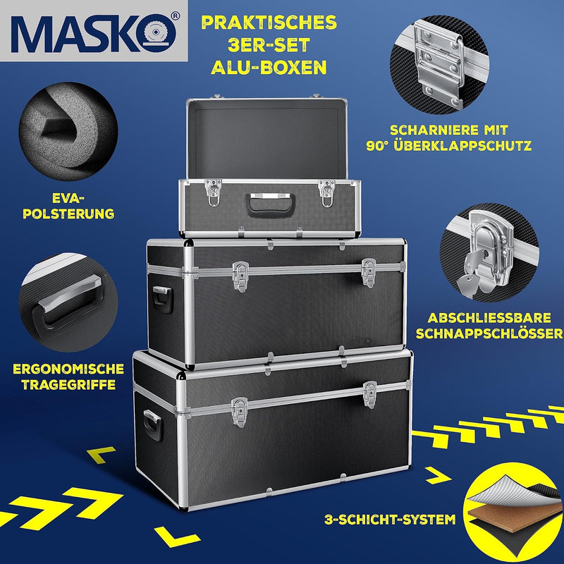 Masko® 3er SET Alu Boxen | Alubox | Alukiste | Werkzeugkoffer | Werkzeugkasten | Transportbox | Werk