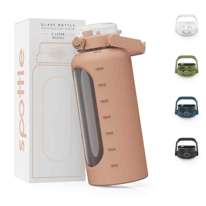 spottle Glasflasche 2 Liter - Trinkflasche 2L Glas mit Strohhalm - Grosse Wasserflasche mit Schutzhü
