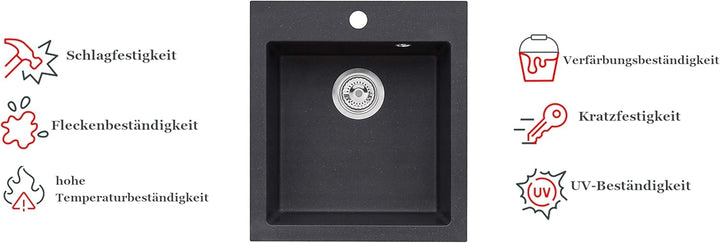 VBChome Spülbecken mit Armatur 45 x 50 cm Schwarz Einzelbecken Einbauspüle Spüle Küchenspüle Spültis