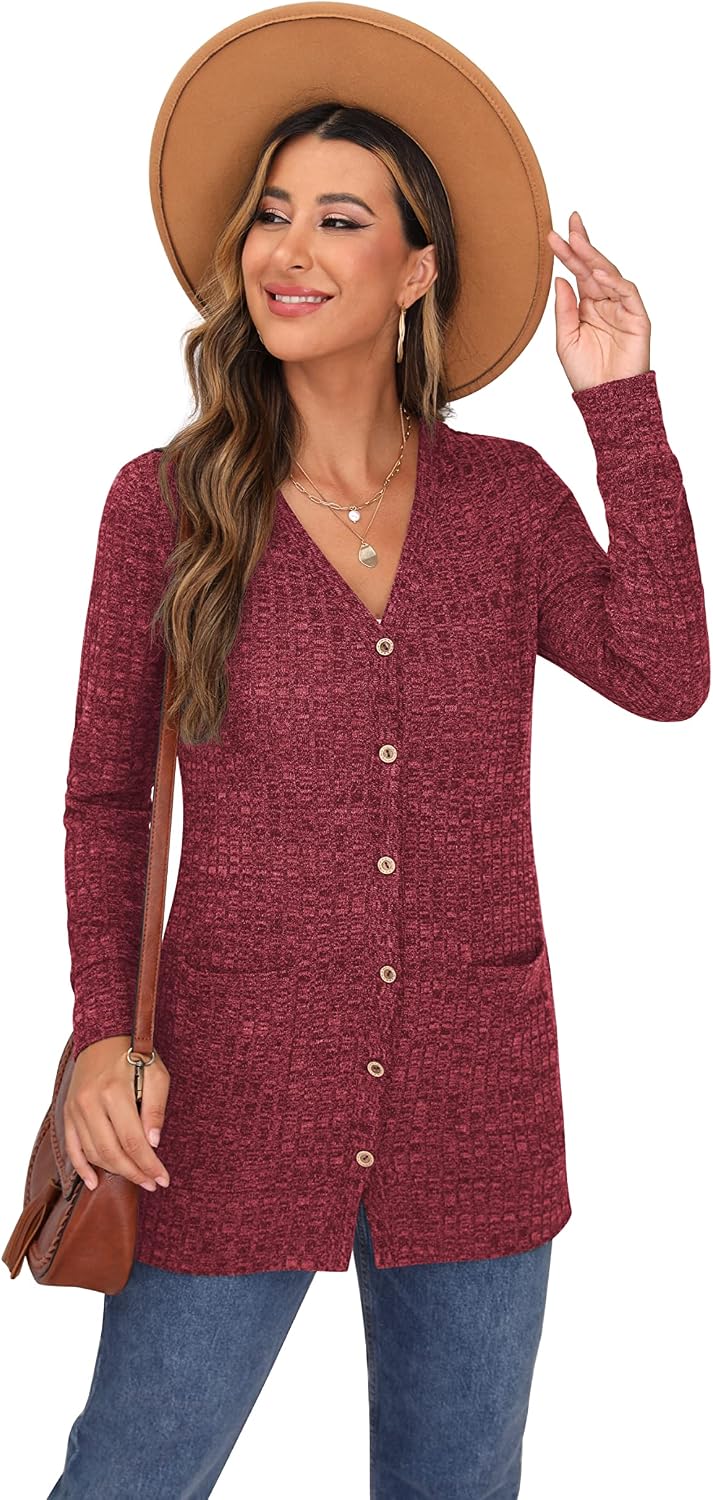 GRECERELLE Damen Leichte Strickjacke Lang mit Taschen und Knöpfen Long Elegant Cardigan V-Ausschnitt