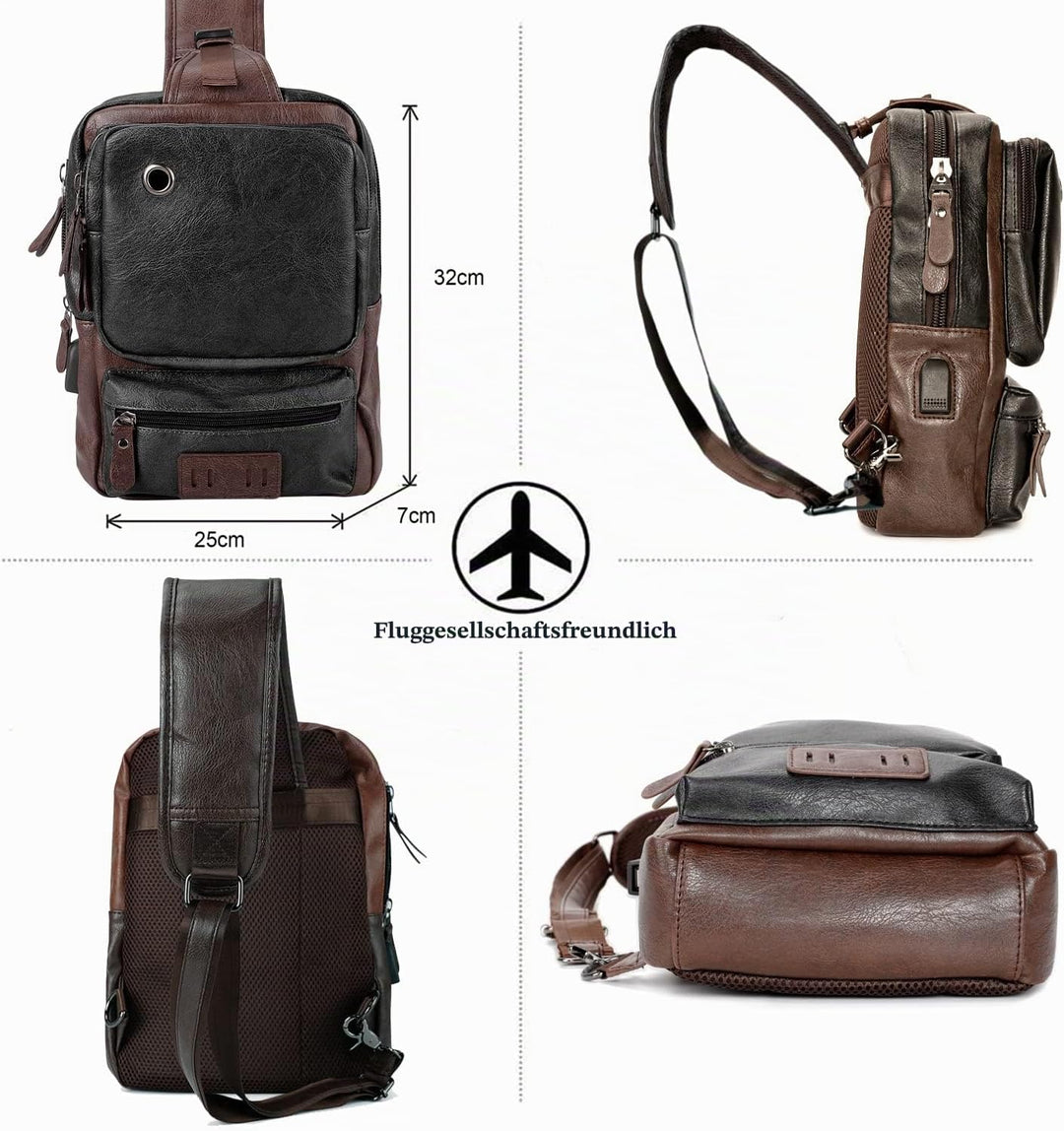 AONEGOLD Herren Brusttasche Vintage PU Leder Schultertasche Sling Chest Crossbody Bag Wasserdicht Le