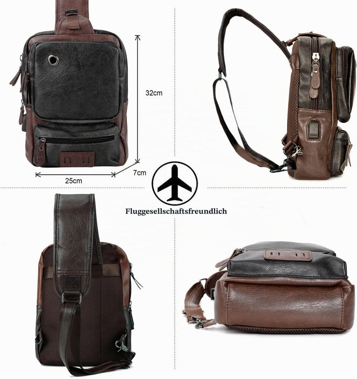 AONEGOLD Herren Brusttasche Vintage PU Leder Schultertasche Sling Chest Crossbody Bag Wasserdicht Le