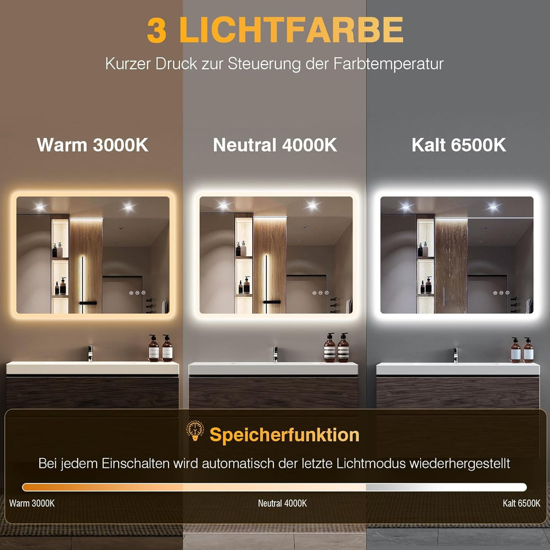 80x60 cm LED Badspiegel mit Beleuchtung – Dimmbare, Antibeschlag, 3 Lichtfarben, IP44, Speicherfunkt