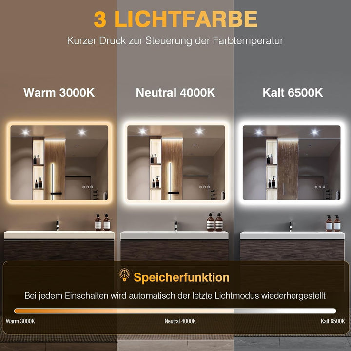 80x60 cm LED Badspiegel mit Beleuchtung – Dimmbare, Antibeschlag, 3 Lichtfarben, IP44, Speicherfunkt