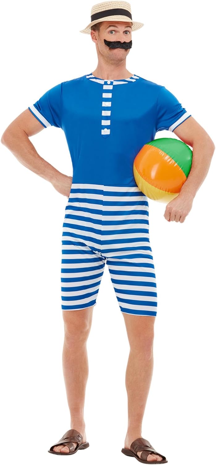 20s Bathing Suit Costume, Blue & White, with Short Jumpsuit, Hat & Moustache (M) 38-40 Blau, 38-40 B