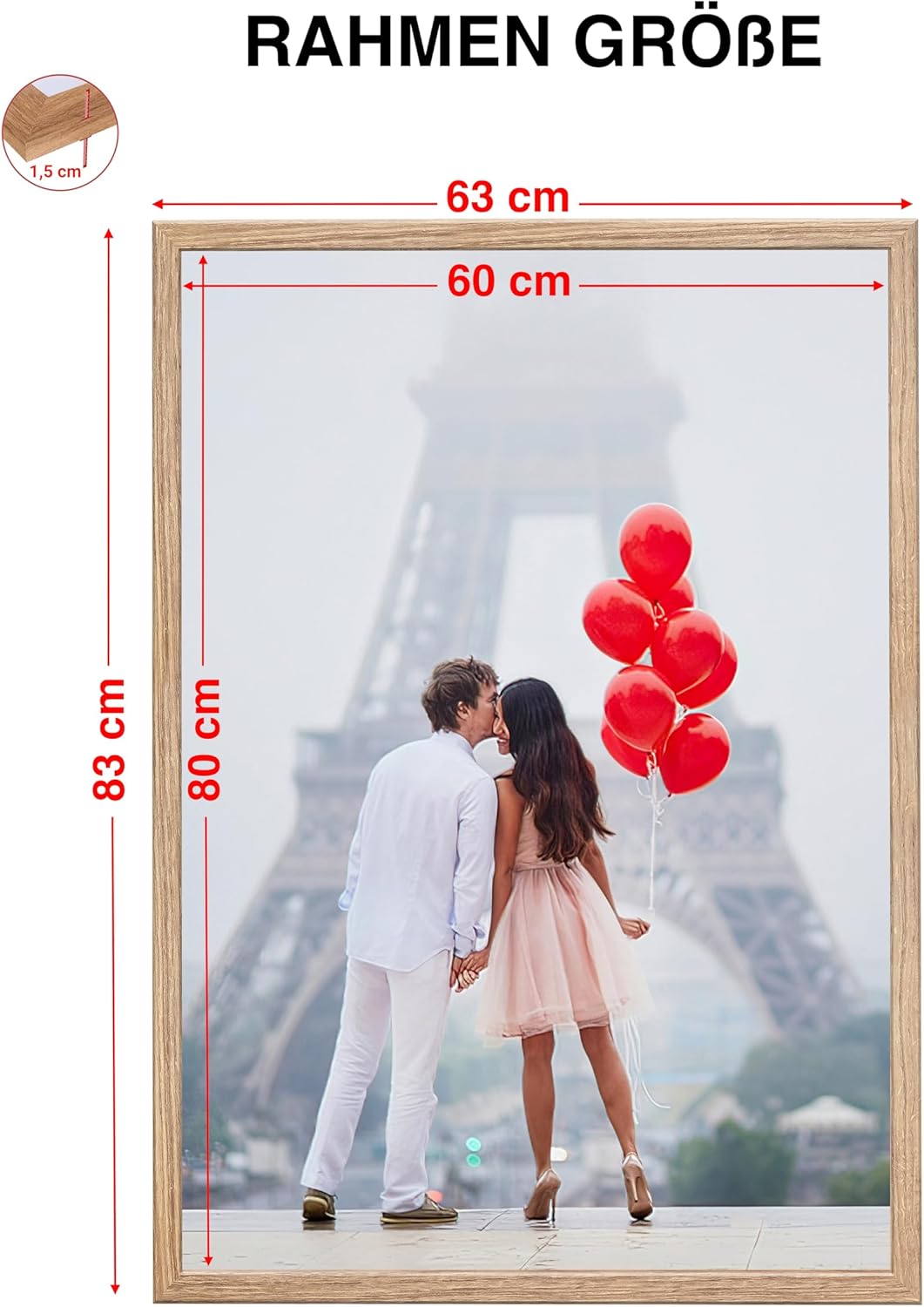 CABBEL 1x Bilderrahmen 60x80 cm Eiche Rahmen 1-Pack | Dokumentenrahmen, Collage, Poster | MDF Holz-P