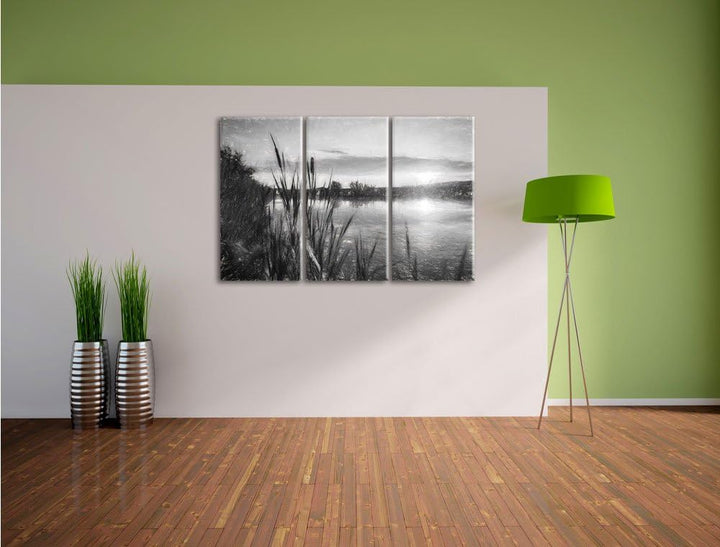 Pixxprint Sonniger Morgen am See Kohle Zeichnung Effekt 3-Teiler Leinwandbild 120x80 Bild auf Leinwa