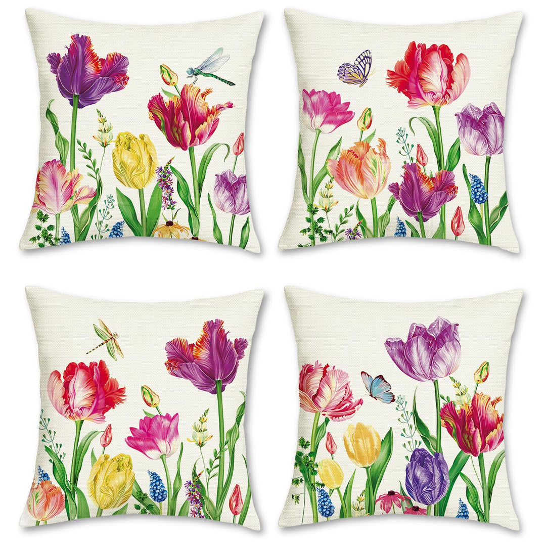 Bonhause 4er Set Kissenbezüge Blumen Garten 45 x 45 cm Polyester Leinen Lila Dekorative Kissenhülle