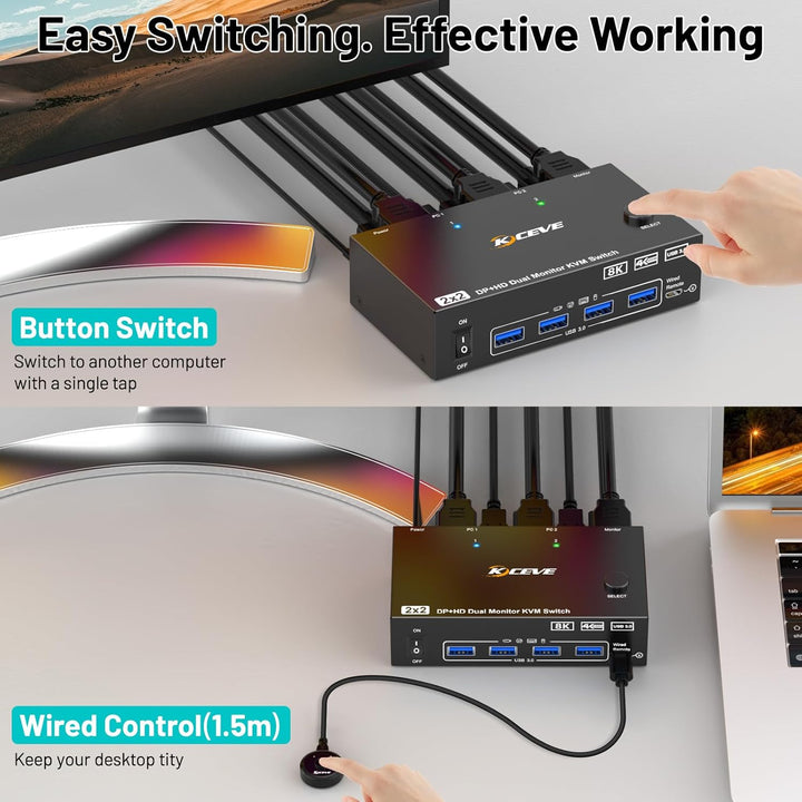 4K@144Hz HDMI Displayport KVM Switch 2 PC 2 Monitore 8K@60Hz, MLEEDA USB 3.0 Dual Monitor KVM Switch