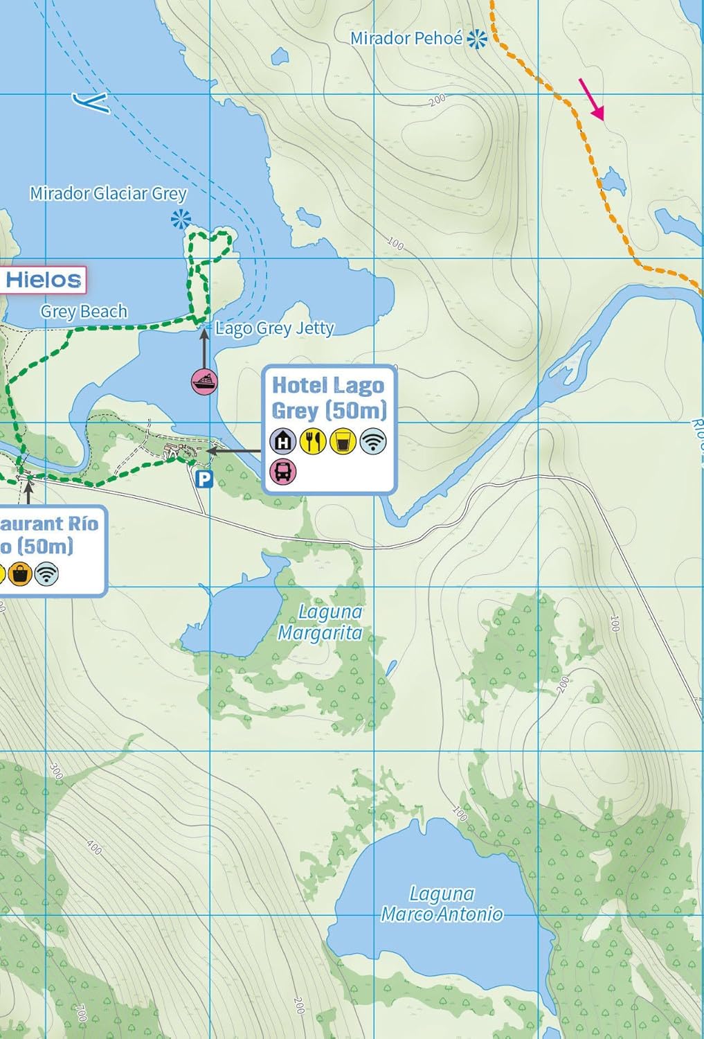 Torres del Paine: Trekking Map:: the O, the W, the Q and day-hikes, Karte
