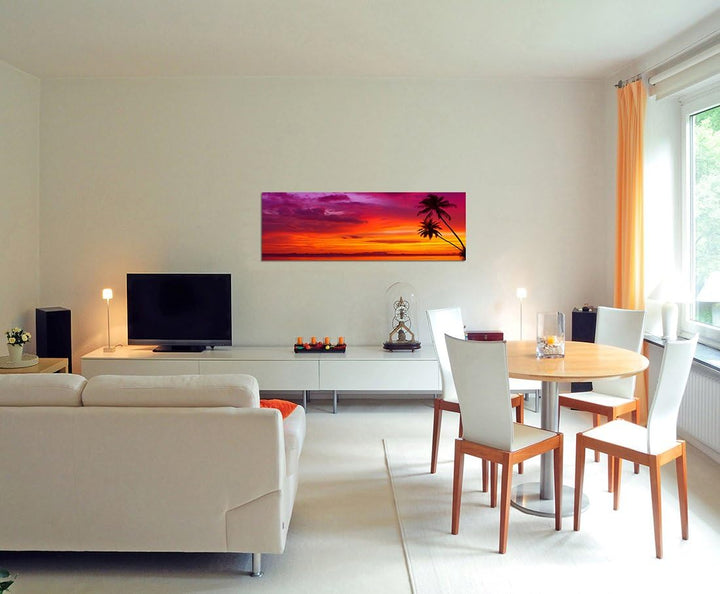 Panoramabild auf Leinwand und Keilrahmen 120x40cm Strand Meer Palmen Sonnenuntergang
