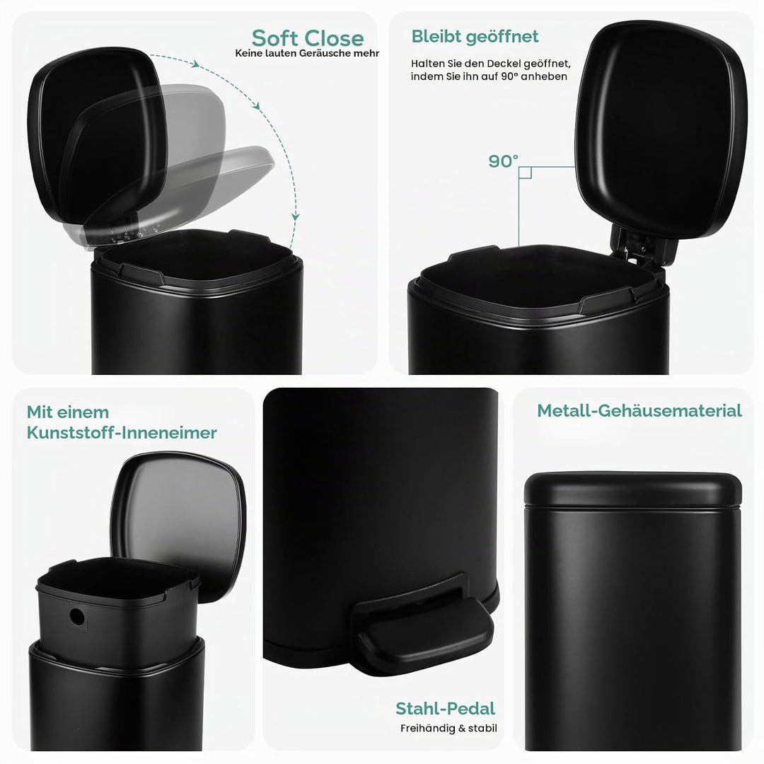 Treteimer Edelstahl, Schwarz Abfallbehälter für Bad, Küchen mit Soft-Close-Deckel, Inneneimer, Moder