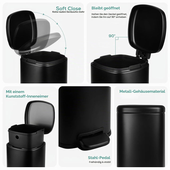 Treteimer Edelstahl, Schwarz Abfallbehälter für Bad, Küchen mit Soft-Close-Deckel, Inneneimer, Moder