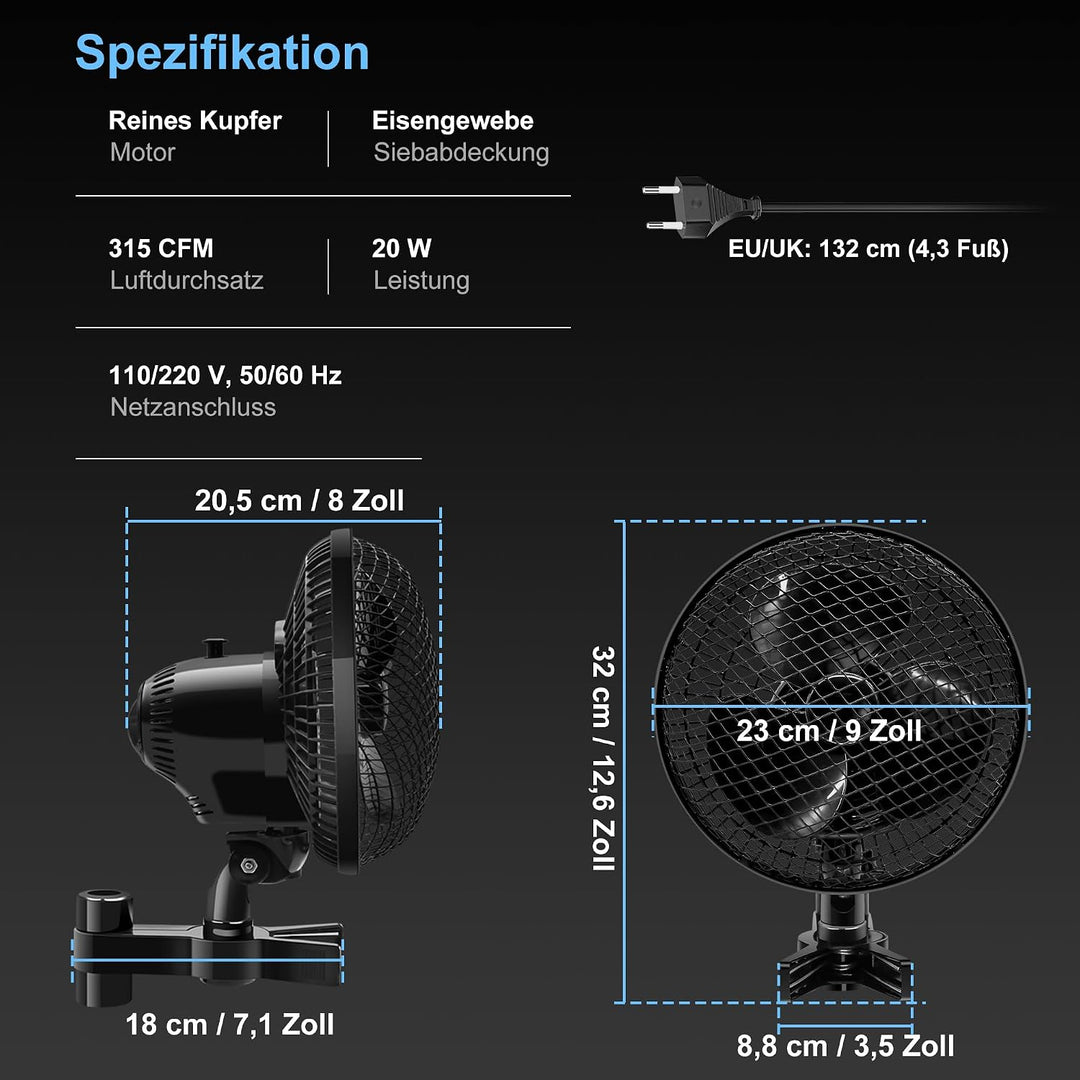Oszillierender Grow Ventilator mit 2 Stufen, Clip Lüfter 20W | Stabiler Metallschutzgitter, Hitzebes