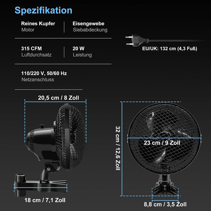 Oszillierender Grow Ventilator mit 2 Stufen, Clip Lüfter 20W | Stabiler Metallschutzgitter, Hitzebes