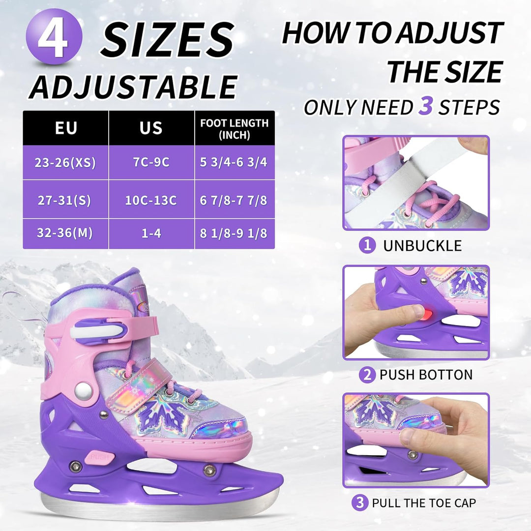 Nattork verstellbare Kinder Eisrutschen - 4 Grösse Schneeflocken Spitze-Up Skates mit warmem Plüsch